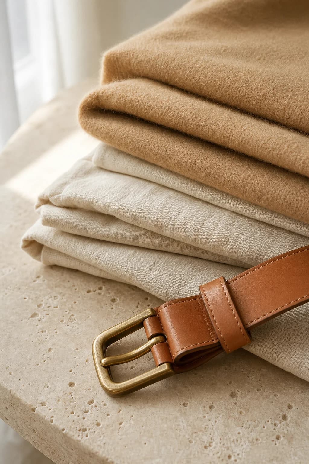 Camel wool, cream linen and a leather strap with a brass buckle on travertine