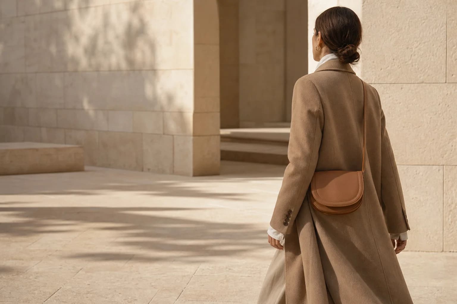 A camel wool overcoat and leather crossbody bag in soft morning light